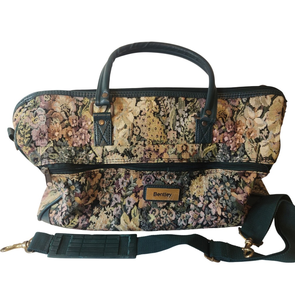 Bentley Vintage Floral Tapestry Duffle Bag Green Weekend Travel Carry On Tote